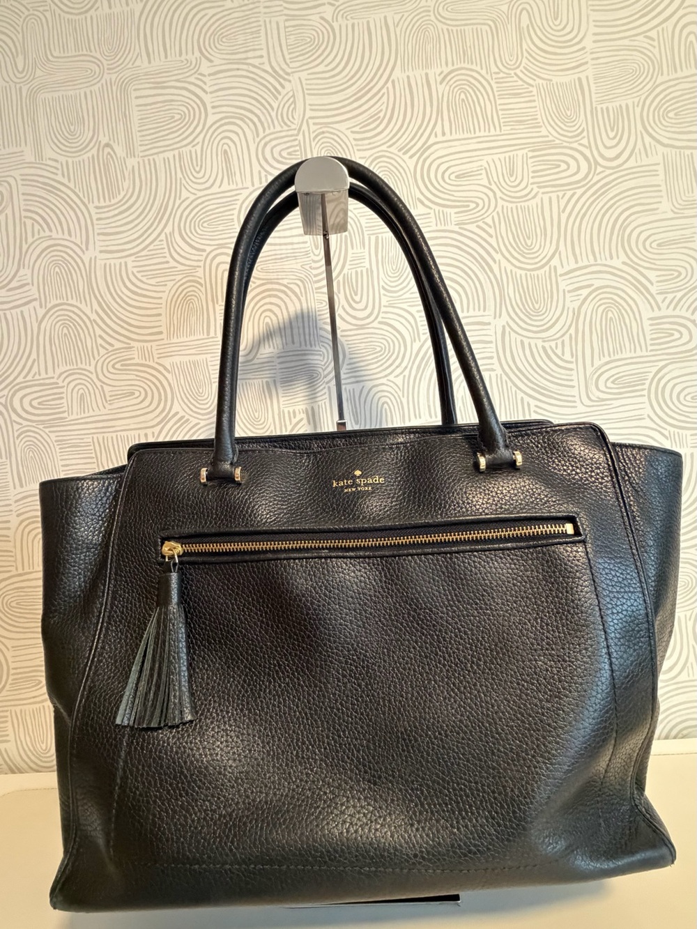 Kate Spade Black Pebbled Leather Tote with Tassel Zip Pocket